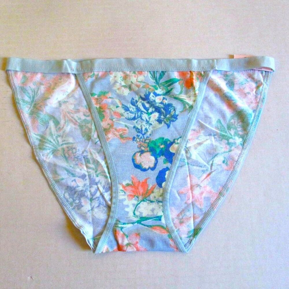 Victoria's Secret Cotton String Bikini Panty Blue Pretty Spring Floral Rare L XL
